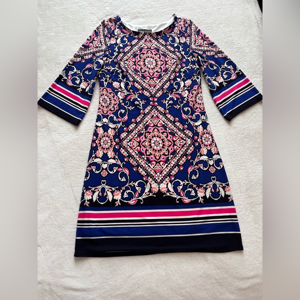 Jessica Howard Elegant Navy and Pink Patterned Shift Dress - Size 8 - Picture 2 of 12